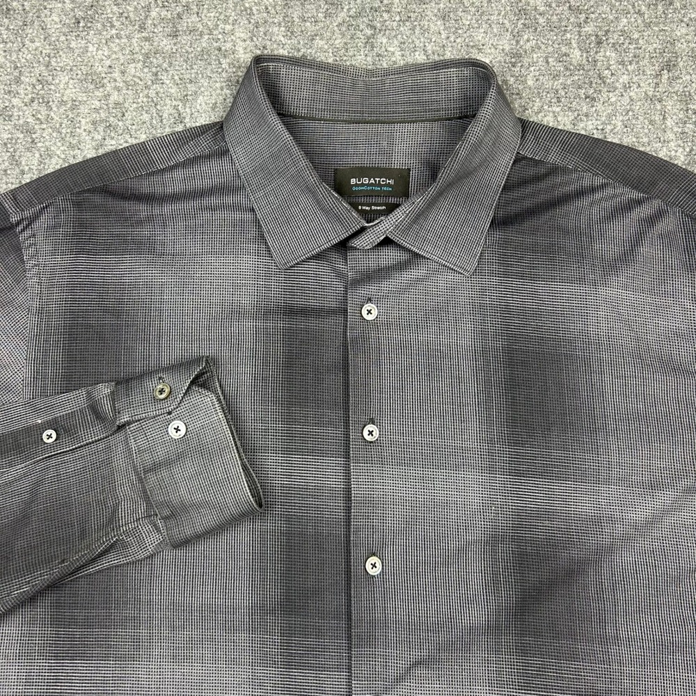 Bugatchi Button Down Mens XXL Graphite Plaid OoohCotton Tech 8-Way Stretch Shirt